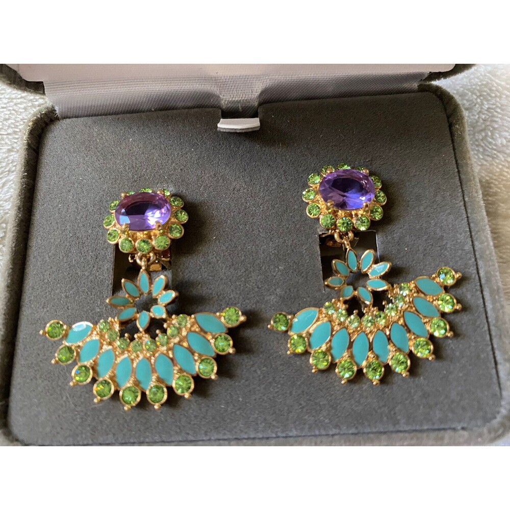 Vtg Nolan Miller La Boheme Chandelier Earrings-Clip On Rare-Purple & Green Stone